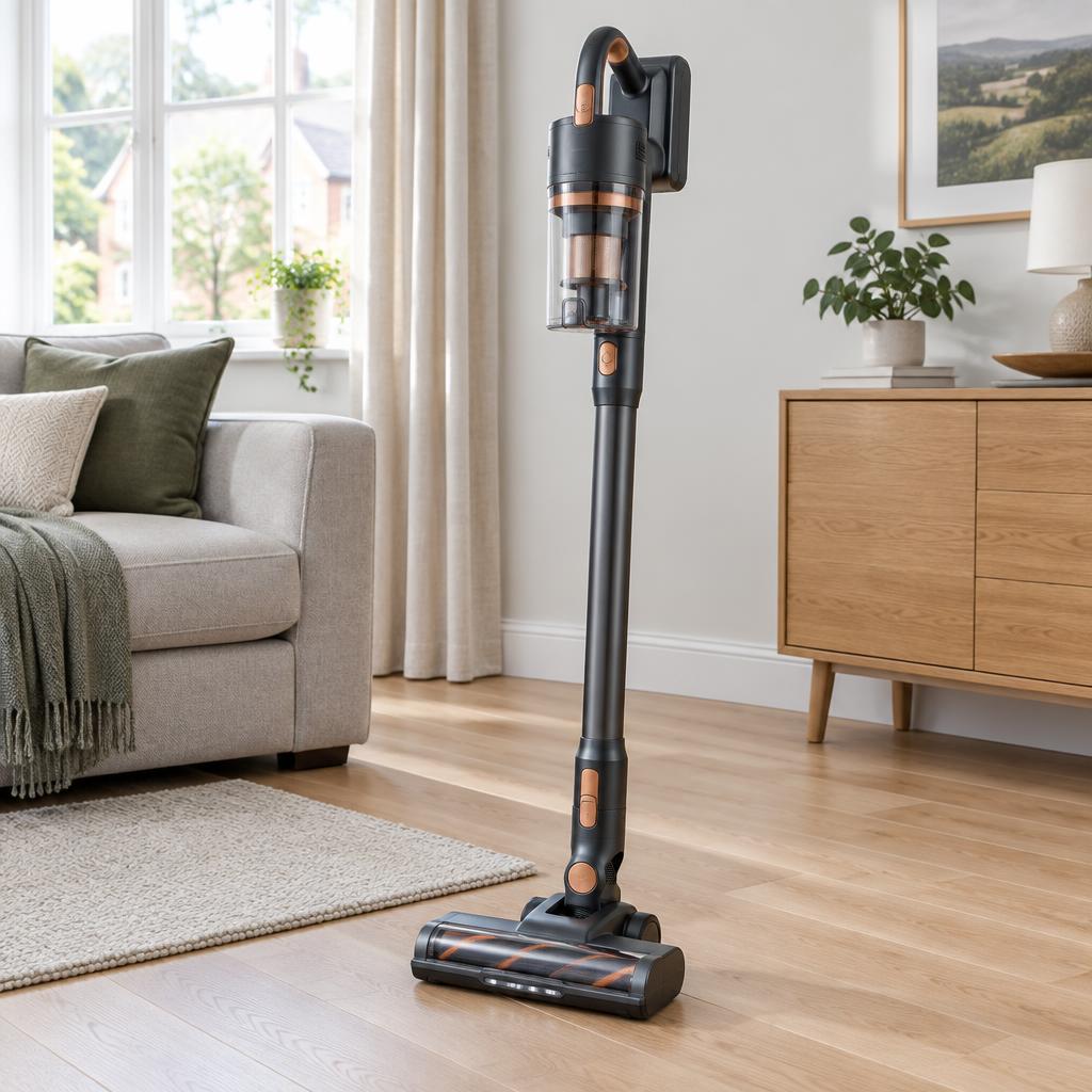 Illustrative image of a cordless stick vacuum in a living room